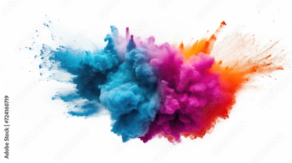 Colorful powder creating a vibrant cloud against a clean white background. Perfect for adding a burst of color and excitement to any design or project