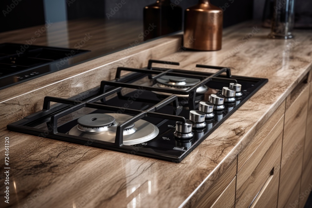 A stove top placed on a wooden counter, suitable for kitchen and cooking themes A stove top placed on a wooden counter, suitable for kitchen and cooking themes