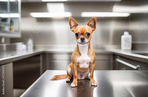 small dog is sitting on stainless veterinary exam table in vet clinic cabinet with blurred background  free space for text