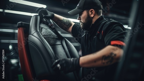 A man in a black shirt and black gloves is seen cleaning a car seat. This image can be used to illustrate car maintenance and cleaning
