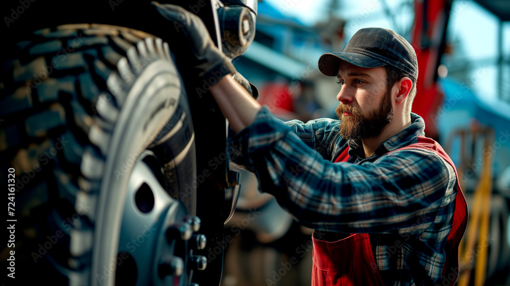 A professional mechanic changes car tires. A professional mechanic changes car tires.