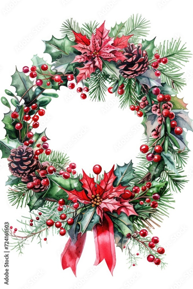 A beautiful watercolor painting of a Christmas wreath. Perfect for holiday cards, decorations, and festive designs