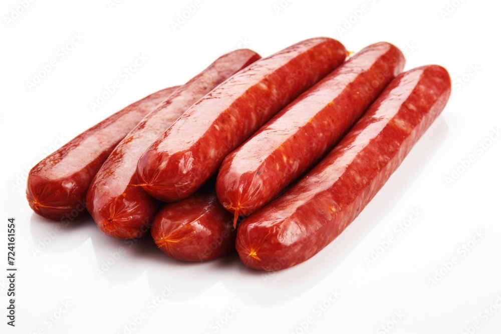 A group of sausages sitting on top of a white surface. Suitable for food-related projects and culinary themes A group of sausages sitting on top of a white surface. Suitable for food-related projects and culinary themes