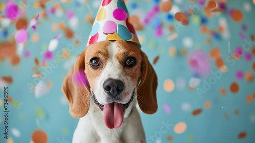 A photograph of a joyful, cute Beagle dog wearing a colorful birthday hat, with a tongue out in a happy expression, against a pastel blue background scattered with multi-colored confetti. © Zahid