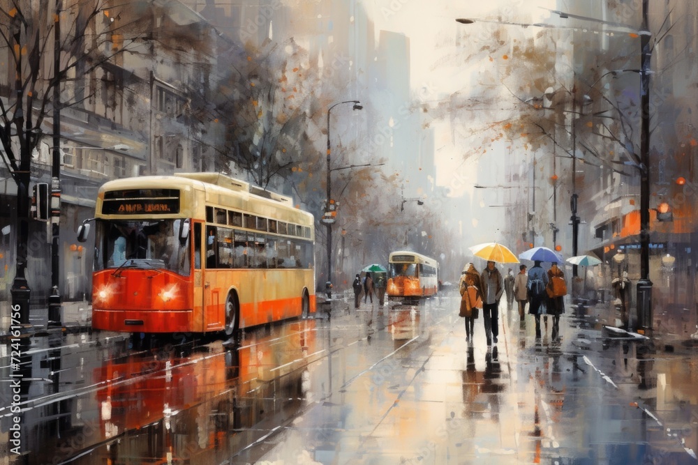A painting depicting people walking down a street while holding umbrellas. Suitable for various uses A painting depicting people walking down a street while holding umbrellas. Suitable for various uses
