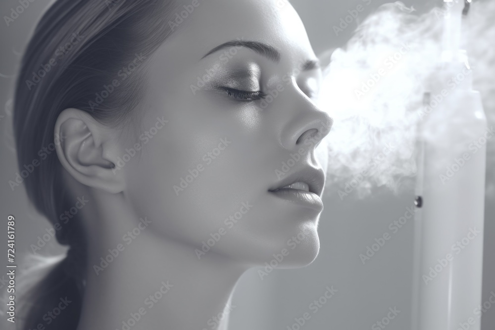 A woman is captured in a black and white photo, smoking a cigarette. This image can be used to depict a vintage aesthetic or to illustrate concepts such as addiction, relaxation, or rebellion A woman is captured in a black and white photo, smoking a cigarette. This image can be used to depict a vintage aesthetic or to illustrate concepts such as addiction, relaxation, or rebellion