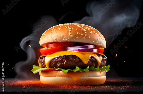 Juicy burger from fire grill with melted cheese and salad, black background with smoke
