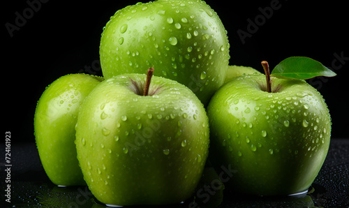 Three green apples isolated on white background .Green apples with water drops closeup Healthy food.
