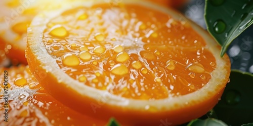 A detailed view of a sliced orange with glistening water droplets. Perfect for refreshing and citrus-themed concepts