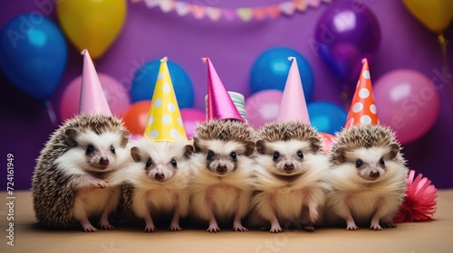 A group of adorable hedgehogs wearing colorful party hats. Perfect for birthday celebrations and festive occasions