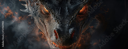 A close-up view of a dragon's head with flames shooting out. Perfect for fantasy and mythology-themed projects photo