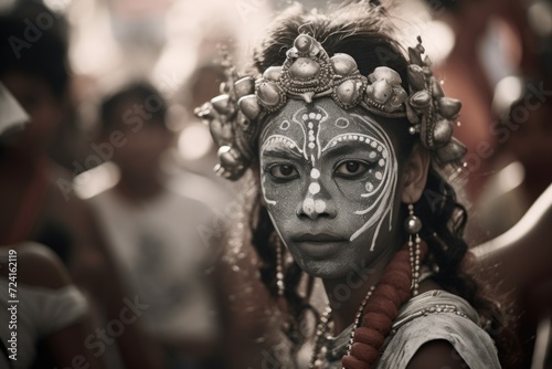 A woman with a painted face and a unique headdress. This image can be used for cultural events, festivals, or costume parties.