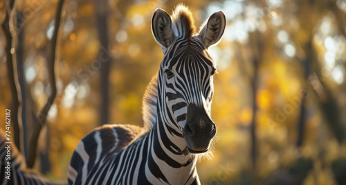 A close-up view of a zebra in a natural forest habitat. Suitable for wildlife enthusiasts and nature-themed projects