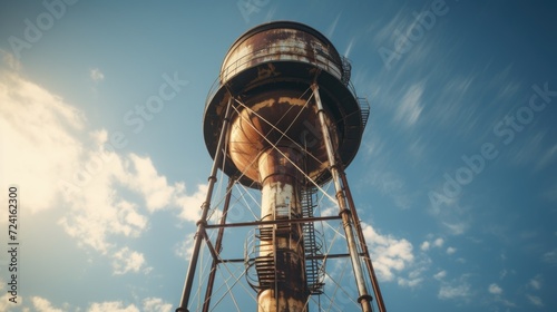 A rusty water tower against a vibrant blue sky. Perfect for industrial-themed projects or urban landscapes