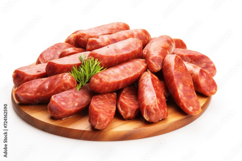 A pile of sliced sausages on a cutting board. Perfect for food-related projects and recipes