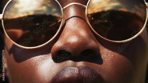 A fashionable black  woman shields their eyes with stylish aviator sunglasses, enhancing their vision and completing their look with the perfect eyewear accessory photo