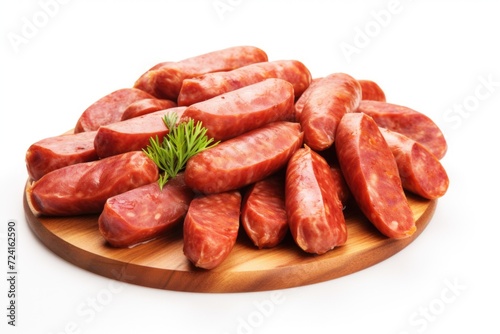 A pile of sliced sausages on a cutting board. Perfect for food-related projects and recipes