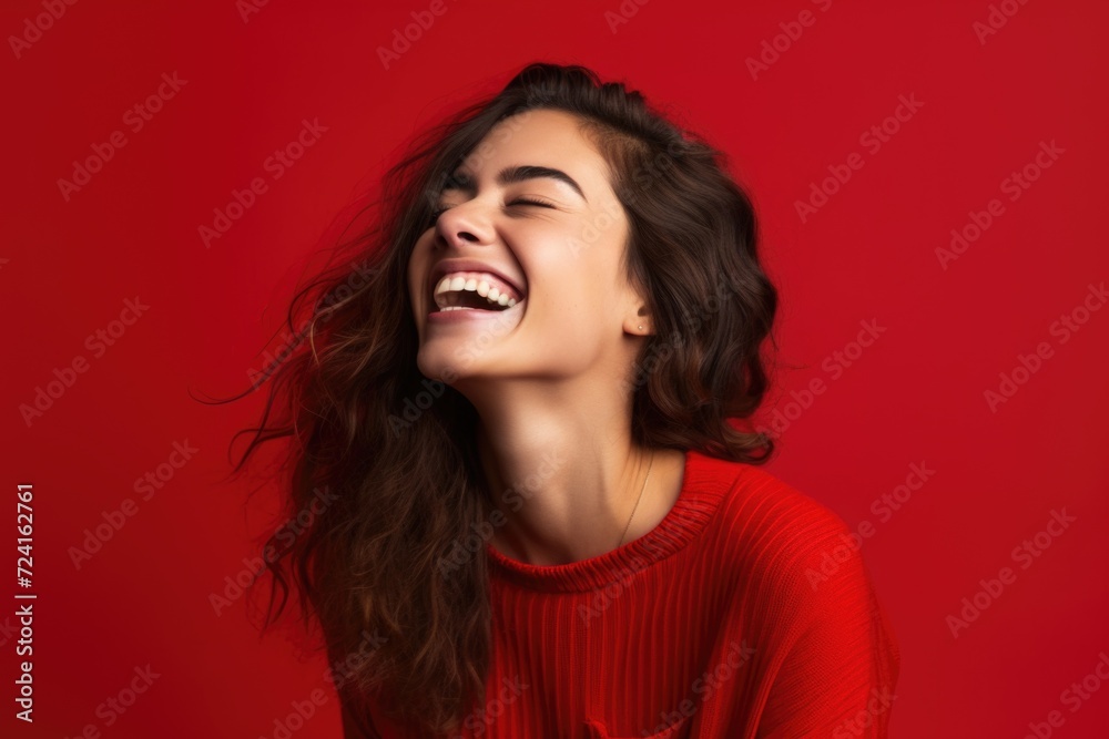 A woman wearing a red sweater is captured in a moment of laughter. This image can be used to depict joy, happiness, or a lighthearted atmosphere A woman wearing a red sweater is captured in a moment of laughter. This image can be used to depict joy, happiness, or a lighthearted atmosphere