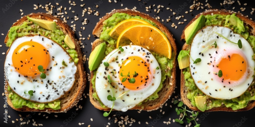A delicious breakfast featuring three slices of toast topped with a perfectly cooked egg and fresh avocado. This image can be used to showcase a healthy and satisfying morning meal