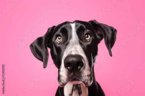 A black and white dog standing on a vibrant pink background. This image can be used for various purposes, including pet-related projects or vibrant and eye-catching designs