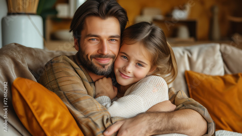 Happy father and daughter cuddling on living room cozy sofa 