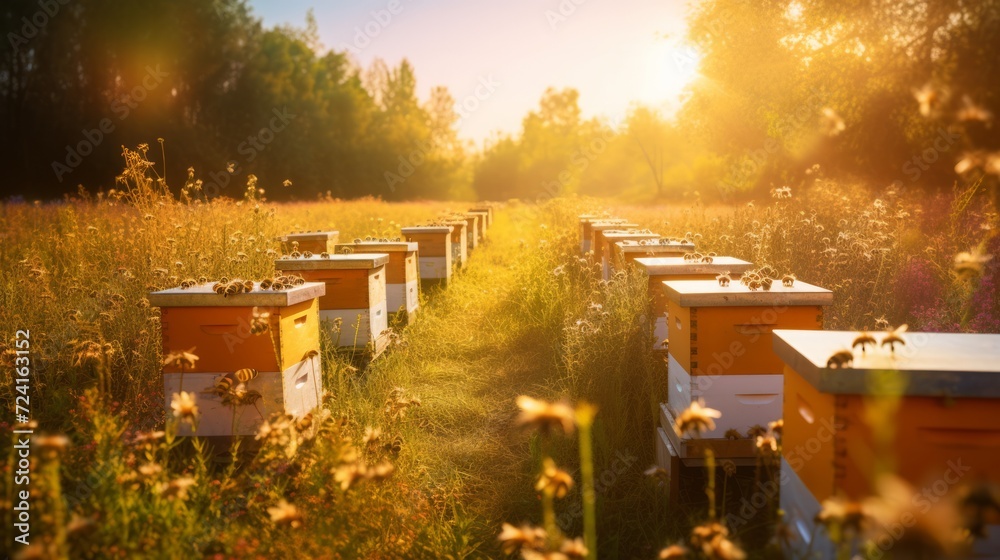 Hives in an apiary with bees flying to the landing boards. Apiculture. Neural network AI generated art - obrazy, fototapety, plakaty 