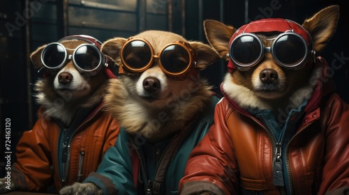 Three dogs, dressed in red and blue retro latex overalls, wearing sunglasses, form a biker gang