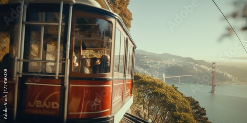 Cable car with a picturesque view of the iconic Golden Gate Bridge. Perfect for travel brochures or cityscape illustrations