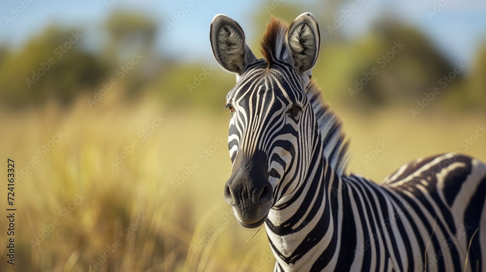Naklejka premium A close-up view of a zebra standing in a field. This image can be used to depict wildlife, nature, or African safari themes