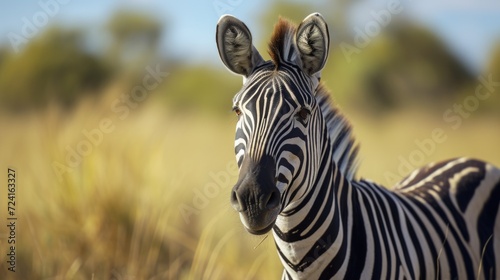 A close-up view of a zebra standing in a field. This image can be used to depict wildlife  nature  or African safari themes