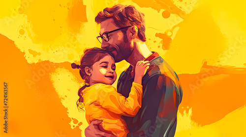 a little daughter joyfully hugging her father against a cheerful yellow background.