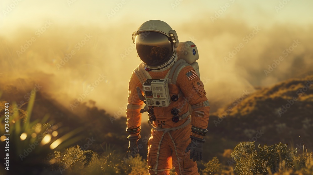An astronaut in an orange USSR spacesuit stands in the center of the frame amid a Japanese landscape. Looks at the camera.