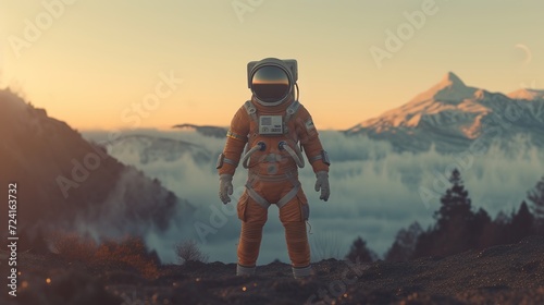 An astronaut in an orange USSR spacesuit stands in the center of the frame amid a Japanese landscape. Looks at the camera.