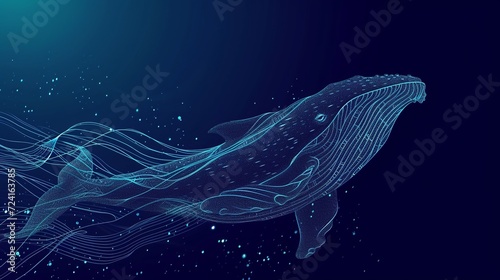 illustration of a whale in the style of digital wavy lines, dark blue background and green photo