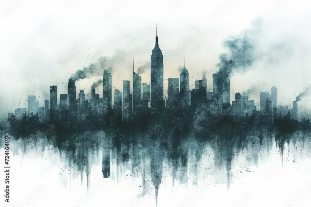 black polluted city watercolor illustration