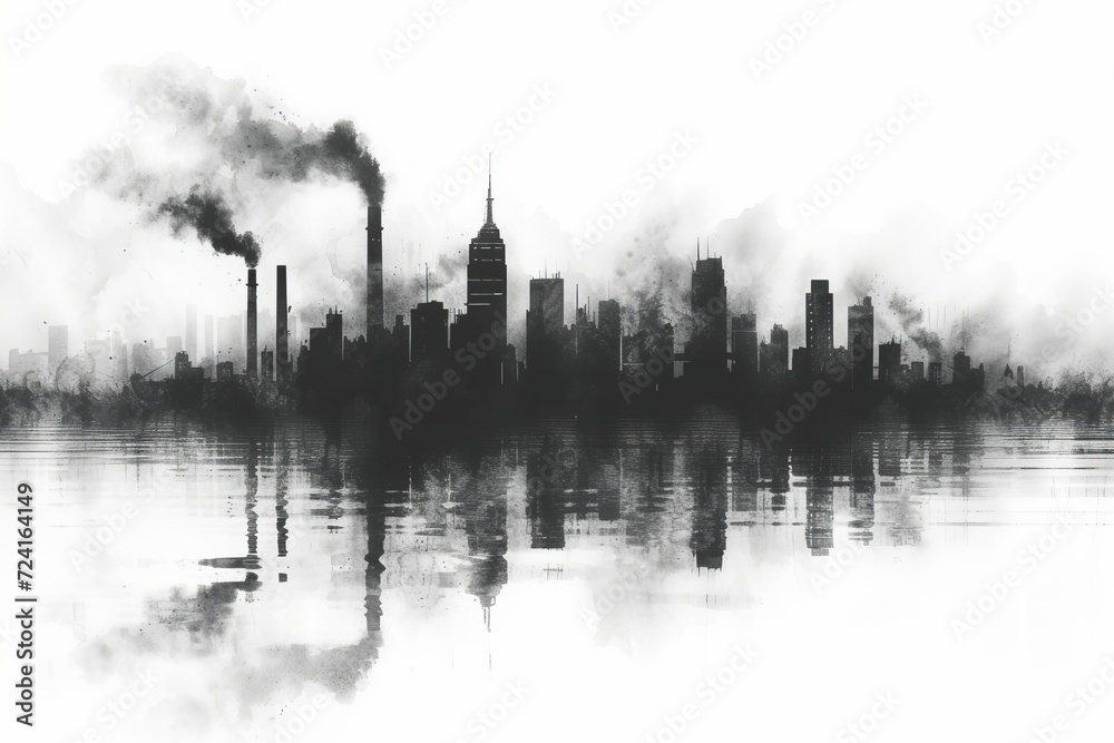 black polluted city watercolor illustration