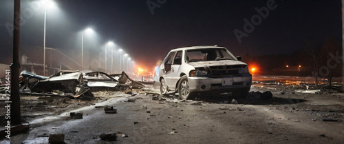 As the dust settles from a car accident, a lone vehicle stands out among the chaos. Its sleek design and pristine condition seem out of place in this scene of destruction, hinting at a possible cause 