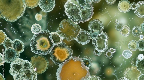 Green Penicillium mold under the microscope. Macro photography.