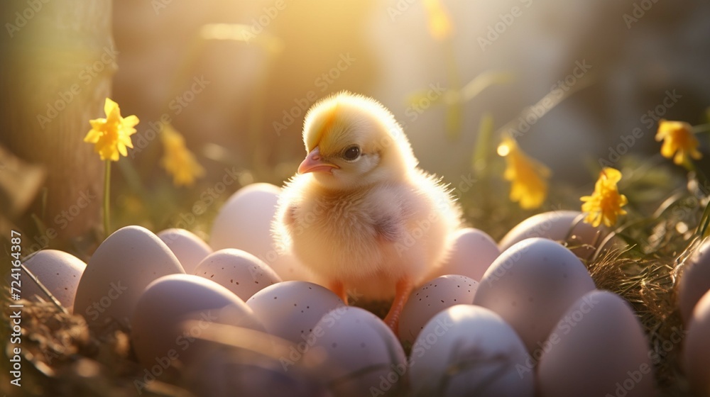A yellow chick has just hatched, standing against the background of eggs. Bright summer light outdoors. It's spring, a celebration of life.