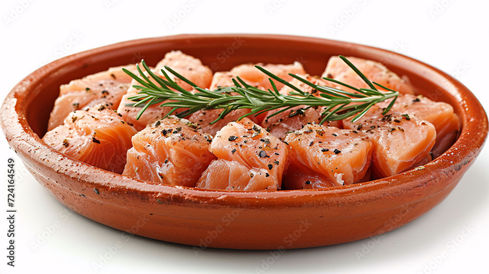 Bowl of raw cut chicken fillet isolated on white background, top view Bowl of raw cut chicken fillet isolated on white background, top view