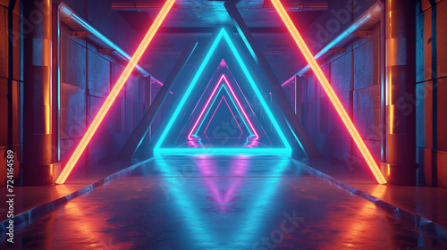 Futuristic Neon Triangle Corridor with Vibrant Lights