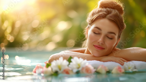 Serene Spa Experience with Woman Relaxing in Floral Water Bath