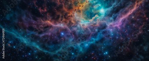 A vibrant image of the cosmos, featuring a field of stars and a nebula. Space background, wallpaper, backdrop © Dalew
