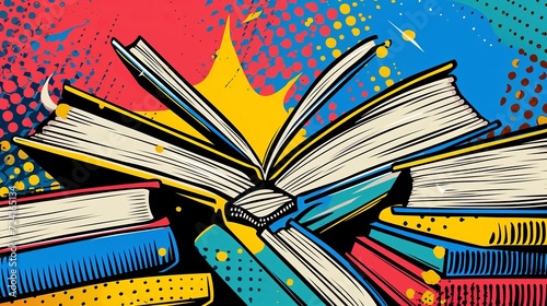 Books  graphic background in comic pop art style, colorful comic abstract background template