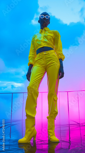 Black Woman wearing Futuristic Fashion Model in Yellow Outfit Against Neon Lights