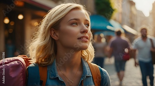 Young adult blond woman on vacation, side street with many people or tourists, fictional place like a European country. Generative AI