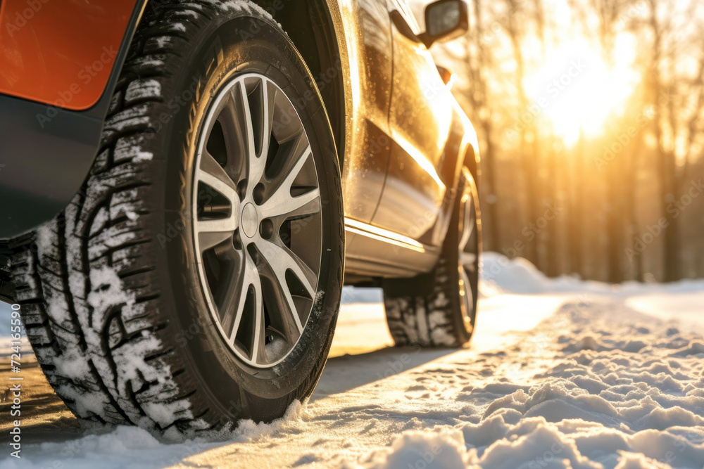 Naklejka premium Winter tire with detail of car tires in winter snowy season on the road covered with snow and morning sun light --ar 3:2 Job ID: 153be3bd-2846-4205-9b62-5ac6b569ba2e