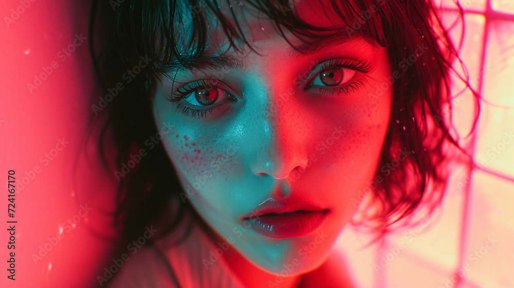 Close up of a womans pink lips and tearfilled eyes with flash photography Close up of a womans pink lips and tearfilled eyes with flash photography