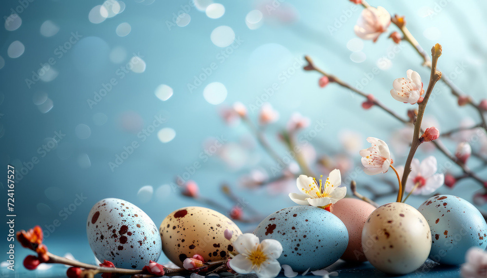 Easter Eggs and Catkins on Floral Soft Blue Background - wallpaper Easter Eggs and Catkins on Floral Soft Blue Background - wallpaper