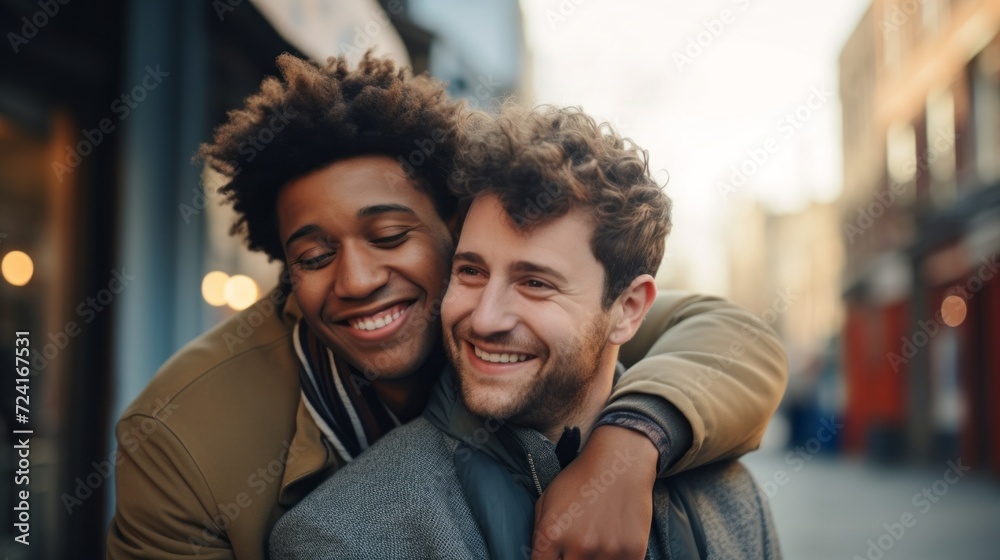 Close-up of a happy smiling multiracial gay couple smiling and hugging on the street.